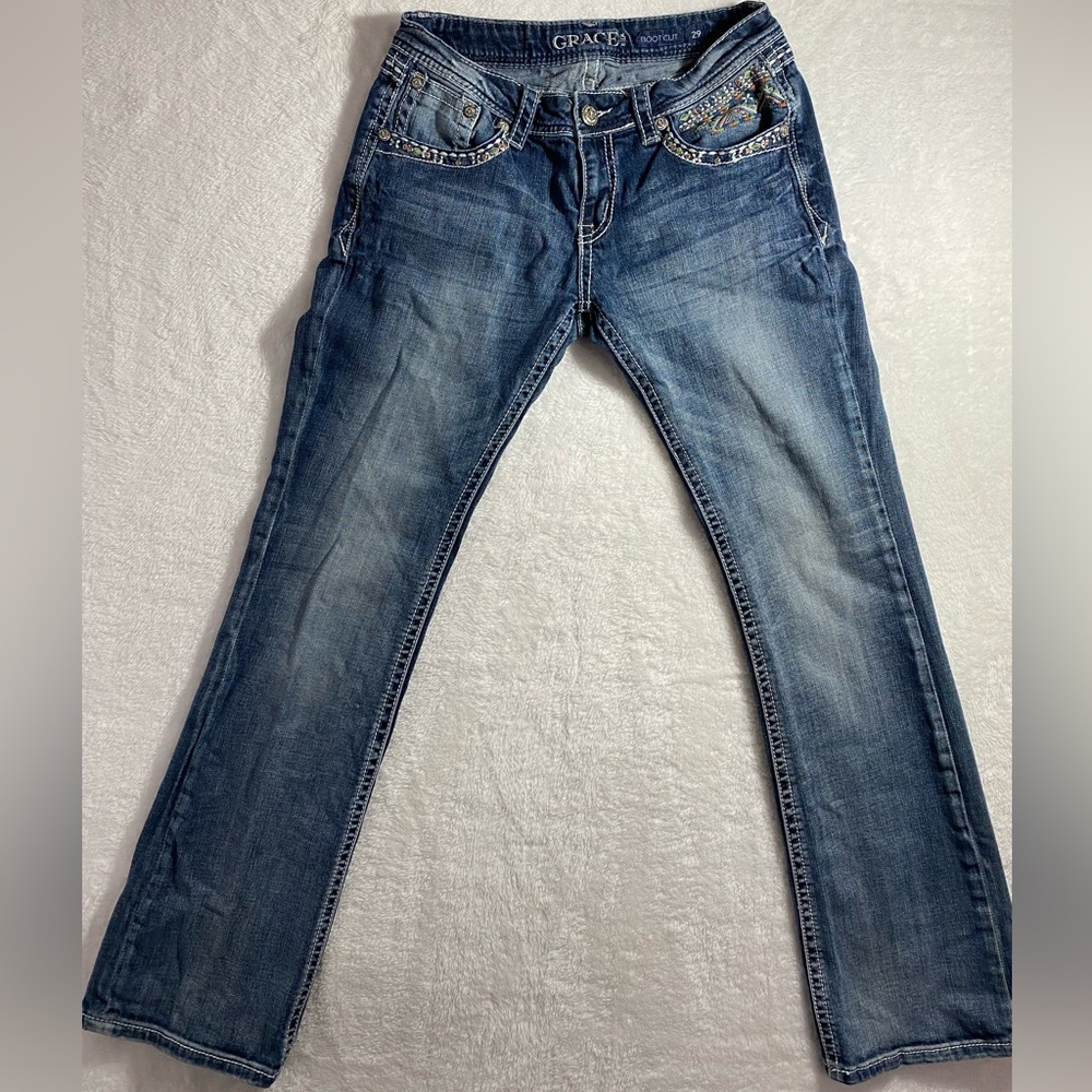 Grace in LA Bootcut Jeans Size 29 Embroidered Rhinestone Embellished Y2K Style